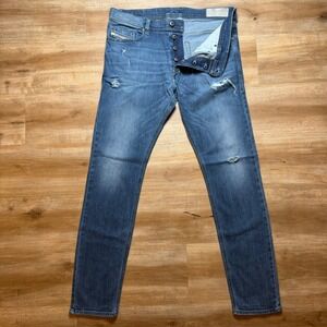 Diesel Tepphar Jeans Mens 34x32 Blue Slim Carrot Stretch Thrash Distressed R14J8